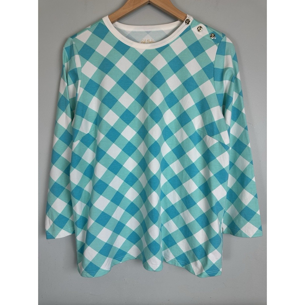 Bob Mackie Wearable Art Top Blue Check Pullover Stretch 3/4 Sleeve Buttons Large